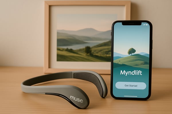 photographic Muse headband and Myndlift app on a smartphone on a desk closeup shot with a photo of a landscape behind it Soft colors